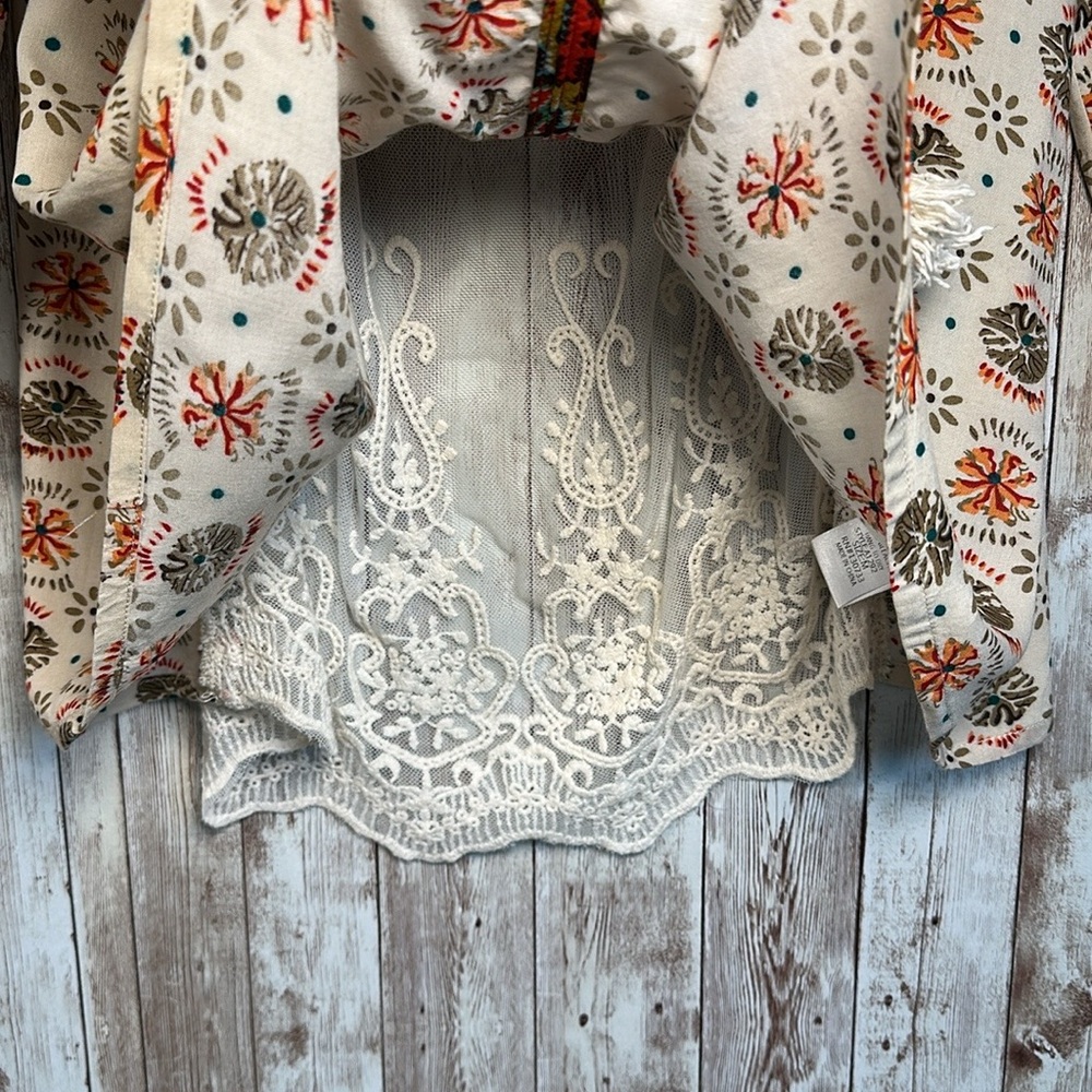 Umgee Women's Flowy Peasant Blouse Boho sz Medium Lace Panel Tassel Tan Orange - Picture 8 of 15